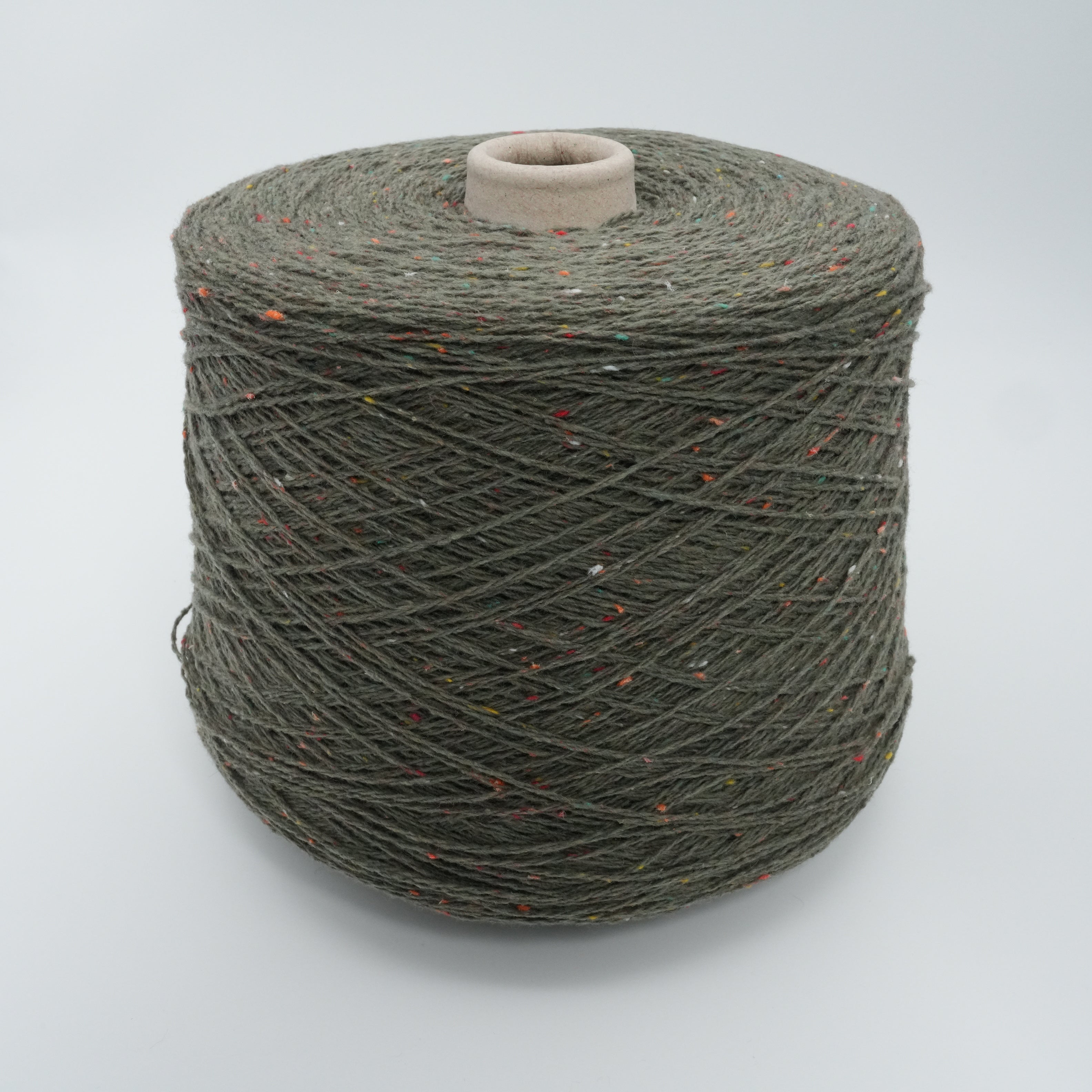 Moss Carnival Tweed 400m/100g (437yds/3.5oz), Moss Green with Multicolor Neps – Merino Wool & Silk Tweed Blend
