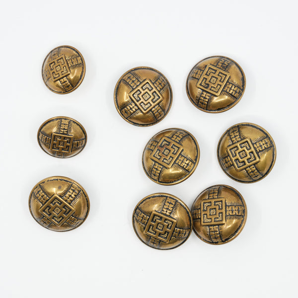Graduated Set of 9 Vintage Brass-Effect Shank Buttons with Geometric Motif | 2.2 cm & 1.7 cm