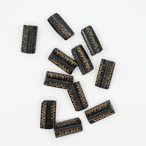 Black & Gold Rectangular Buttons, 1.9 × 0.9 cm (0.75 × 0.35 in) – Molded Plastic with Gilded Detail (Set of 11)