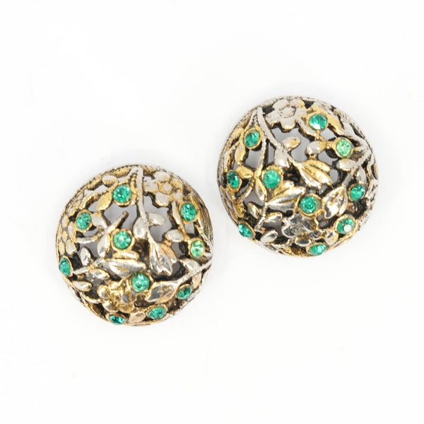 Set of 2 Vintage Domed Filigree Buttons with Green Rhinestones | 2.5 cm (0.98 in)