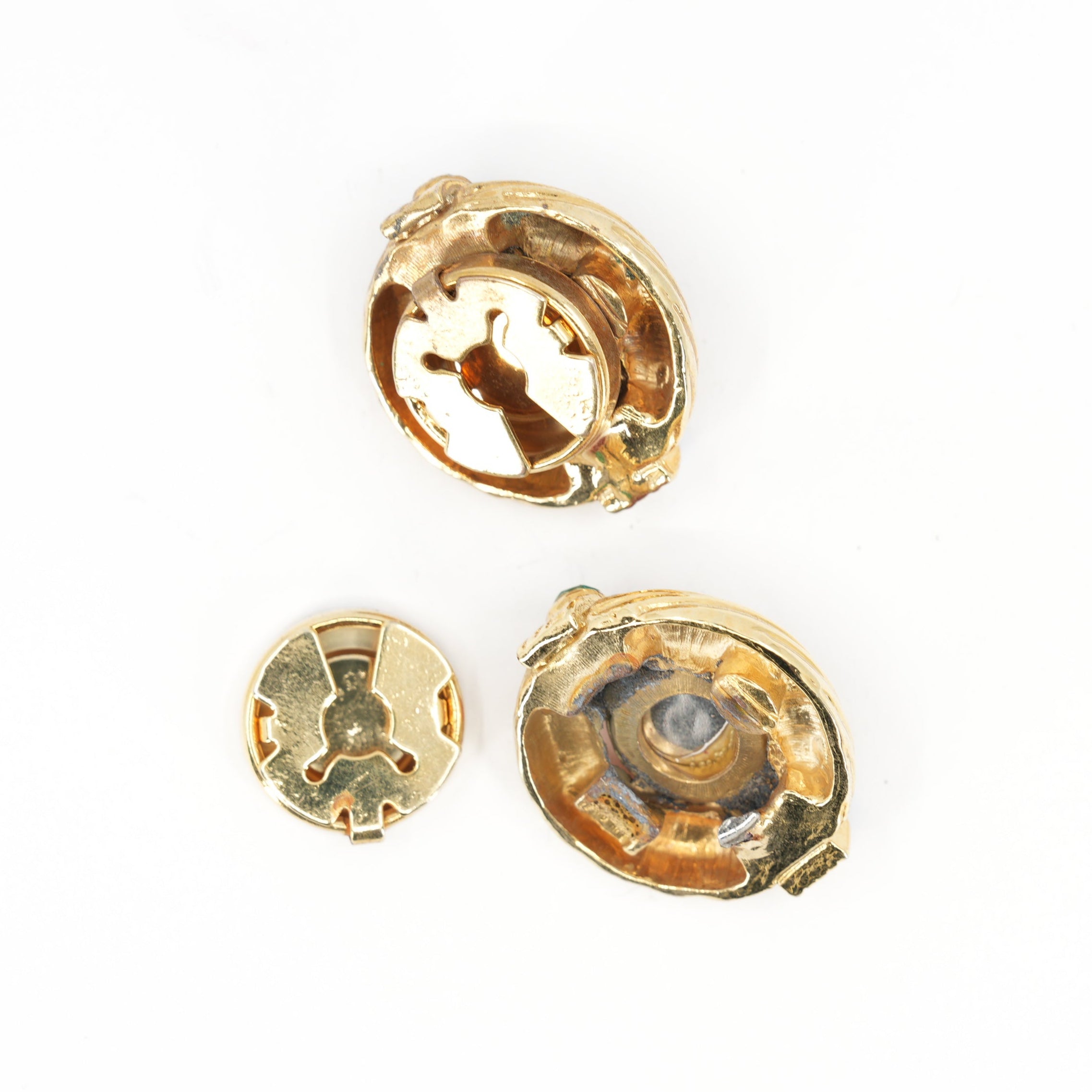 Jewel Cabochon Buttons, 2.7 cm (1.06 in) – Gold Tone Metal with Red & Aqua Stones (Set of 6, one damaged)