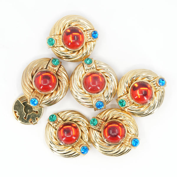 Jewel Cabochon Buttons, 2.7 cm (1.06 in) – Gold Tone Metal with Red & Aqua Stones (Set of 6, one damaged)